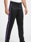 Maania Wears black baseball pants lying flat, showing purple side stripe, white piping, and reinforced knee stitching.