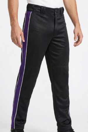 Maania Wears black baseball pants lying flat, showing purple side stripe, white piping, and reinforced knee stitching.