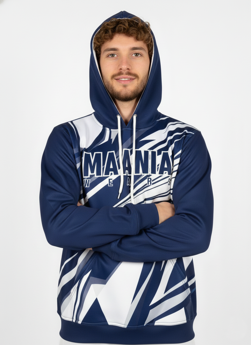 Maania Wears men's navy blue pullover hoodie with sharp white abstract graphics and kangaroo pocket.