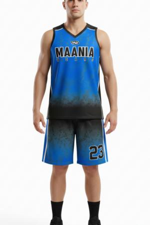 Model wearing Maania Wears cyan blue and black sleeveless training uniform with gradient fade and number 23 on shorts.