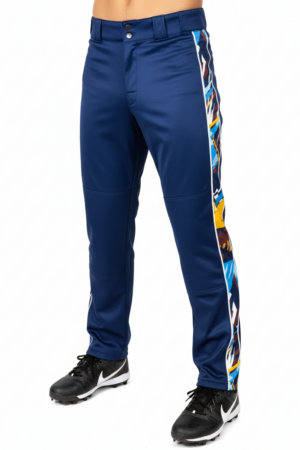Maania Wears navy blue baseball pants with multi-colored geometric side stripe and white piping.