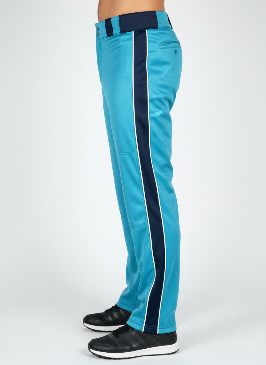 Maania Wears Men’s Cyan Blue Baseball Pants – Navy Side Stripe with Reinforced Knees - Image 2