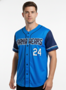 Maania Wears cyan blue button-down baseball jersey with navy sleeves and black piping detail.