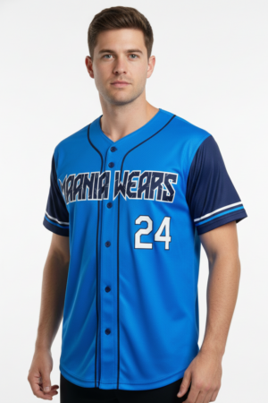 Maania Wears cyan blue button-down baseball jersey with navy sleeves and black piping detail.
