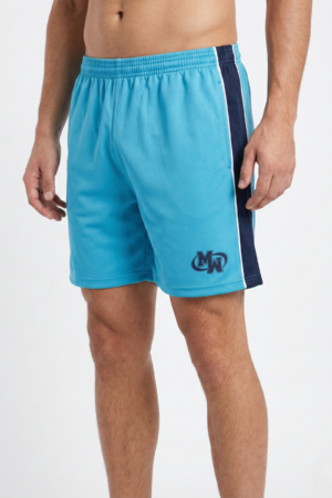 Maania Wears Men’s Cyan Blue Baseball Shorts – Athletic Training Shorts with Navy Side Stripe