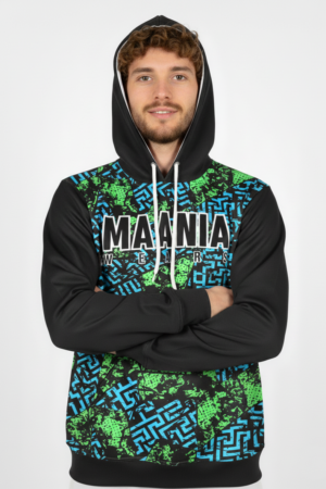 Maania Wears black pullover hoodie featuring a neon green and blue digital maze pattern on the front and white hood lining.