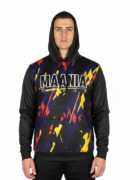 Maania Wears black pullover hoodie with red, yellow, and blue abstract sublimated pattern and kangaroo pocket.