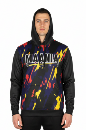 Maania Wears black pullover hoodie with red, yellow, and blue abstract sublimated pattern and kangaroo pocket.