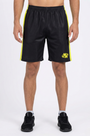Maania Wears black athletic shorts with neon yellow side stripe and MW logo.