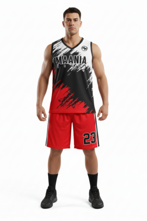 Model wearing Maania Wears red and black sleeveless baseball training uniform with abstract brushstroke pattern and number 23 on shorts.