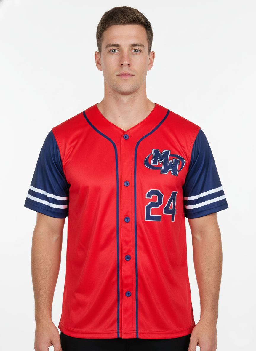 Maania Wears red button-down baseball jersey with navy blue sleeves, piping, and MW logo on chest.
