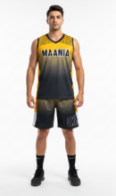 Model wearing Maania Wears yellow and black sleeveless training uniform with gradient fade and number 23 on shorts.