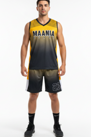 Model wearing Maania Wears yellow and black sleeveless training uniform with gradient fade and number 23 on shorts.