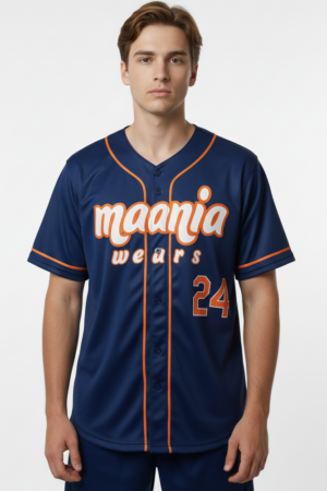 Maania Wears navy blue baseball jersey with orange piping and retro white and orange script text.
