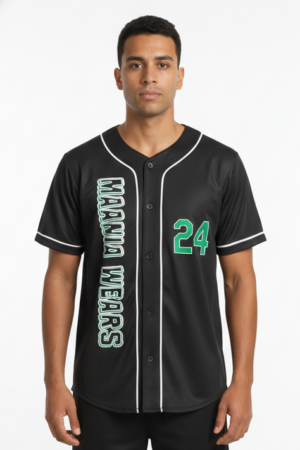 Maania Wears black button-down baseball jersey with white piping, vertical text logo on the right, and number 24 on the left.