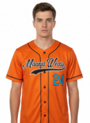 Maania Wears orange button-down baseball jersey with black piping, retro script text, and cyan number 24.