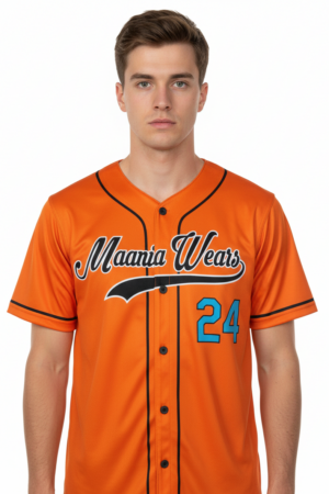 Maania Wears orange button-down baseball jersey with black piping, retro script text, and cyan number 24.