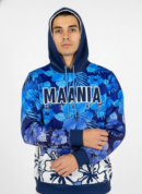 Maania Wears blue pullover hoodie with white and blue hibiscus floral pattern and kangaroo pocket.