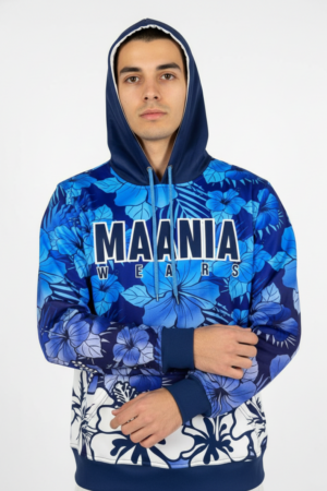 Maania Wears blue pullover hoodie with white and blue hibiscus floral pattern and kangaroo pocket.